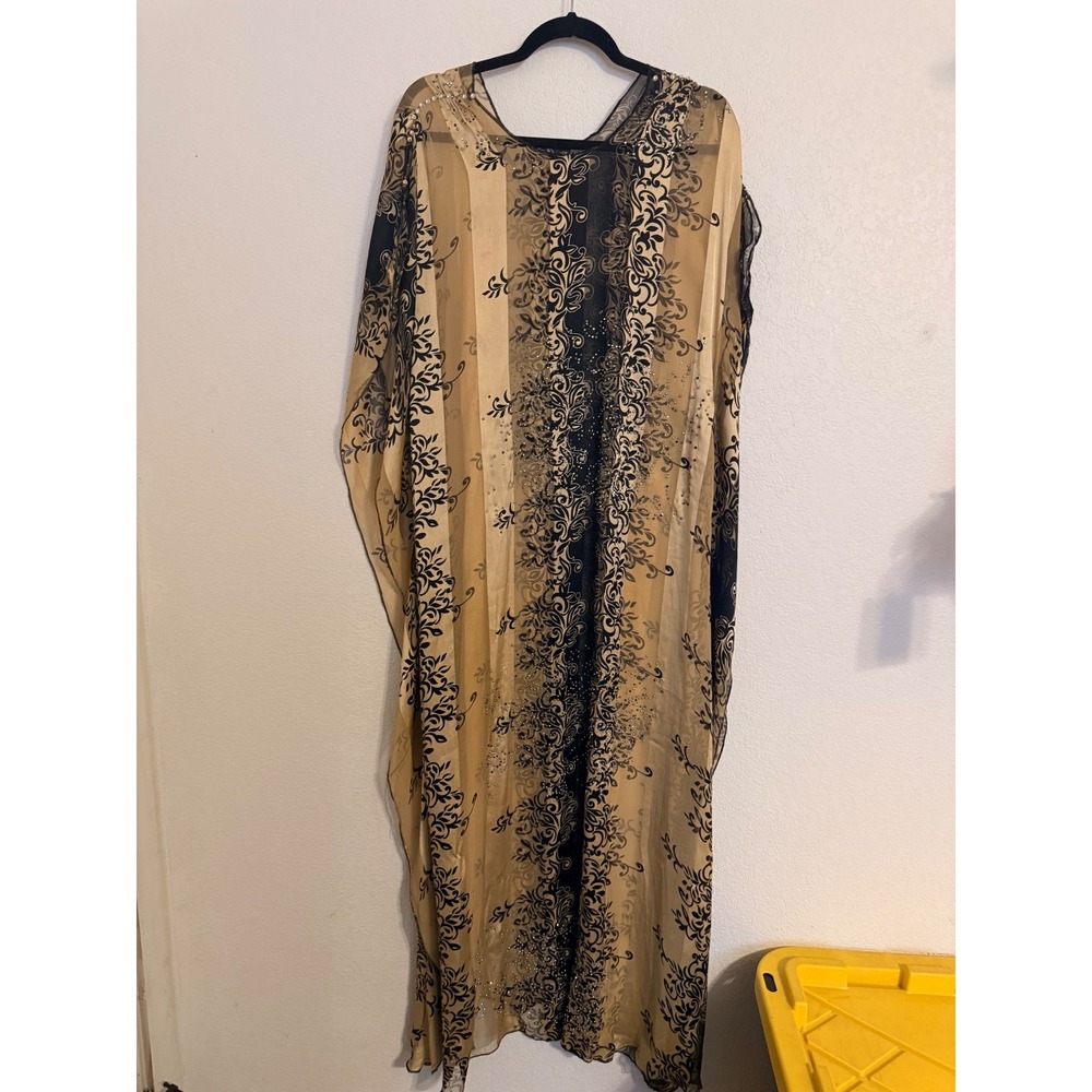 Womens Black Tan Baroque Rhinestone Kaftan Maxi Dress Sheer Resort Cover Up OS